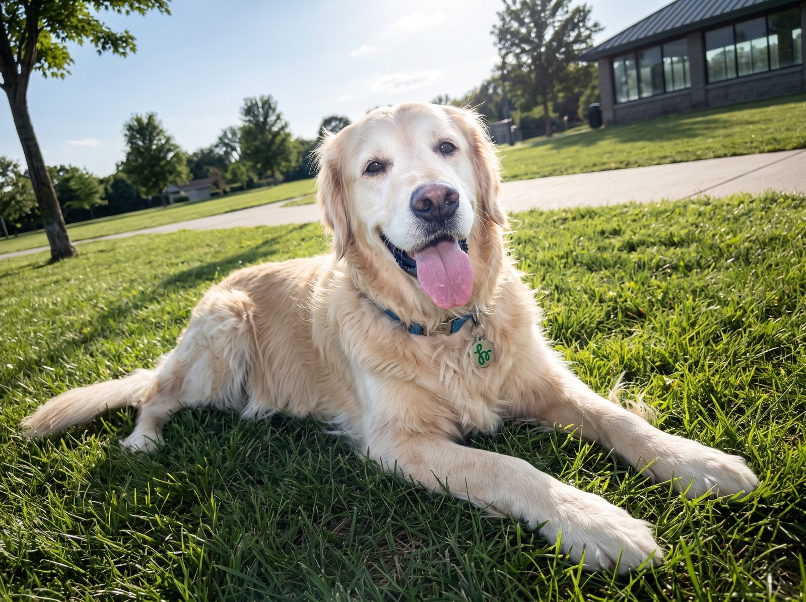 Un golden retriever acostado en el pasto, con la lengua afuera